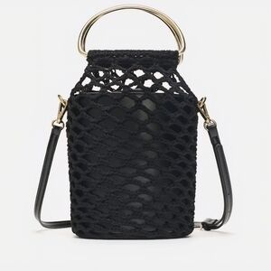 Zara Black Crochet Bucket Bag With Metal Handles And Long Straps